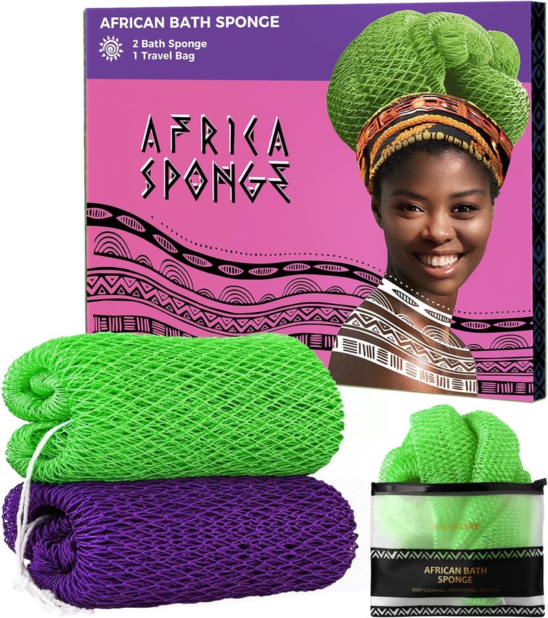 RelaxScene Authentic African Net Sponge with Knots - 2 Pieces Exfoliating Body Sponge Purple & Green - Back Scrubber Shower Exfoliator for Women Personal Care - Shower Scrub for Body Wash Bathing Accessories - Image 1
